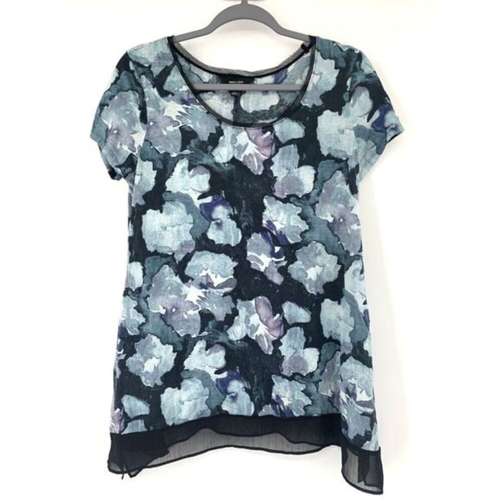 Simply Vera Wang Blue Floral Crinkle Chiffon Short Sleeve Women's Top Size Small